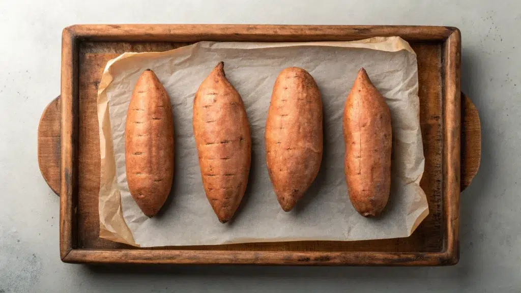 It looks like this image features three baked potatoes on a baking tray. If you'd like, I can suggest a description or caption for it, or help with related content ideas! Let me know.