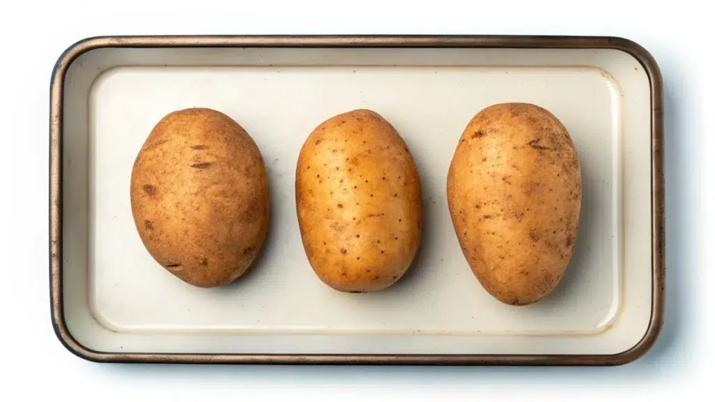 It looks like this image features three baked potatoes on a baking tray. If you'd like, I can suggest a description or caption for it, or help with related content ideas! Let me know.