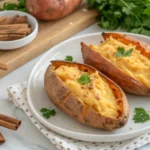 Comparison of boiled and baked sweet potatoes cut open, showing textures.